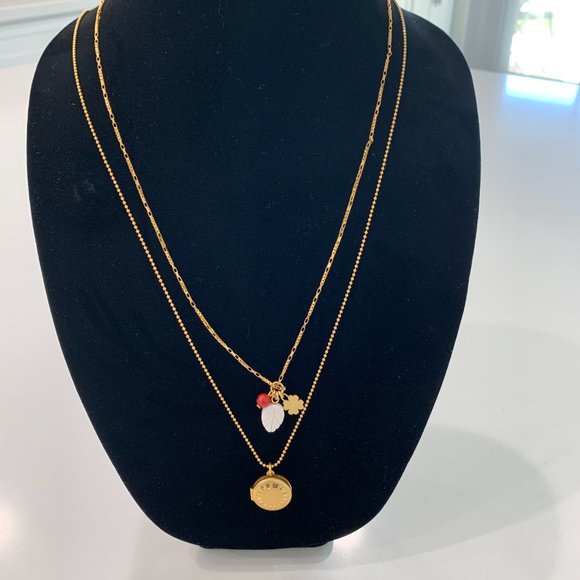 Madewell Engraved Locket Necklace Set Double Strand Layers Pendant Charms Gold - Picture 5 of 8